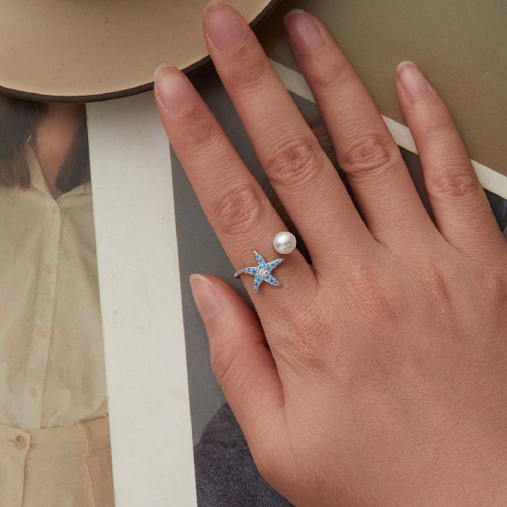 Azure Star S925 Sterling Silver Pearl Starfish Open Ring