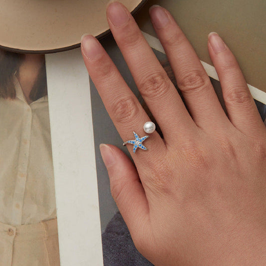 Azure Star S925 Sterling Silver Pearl Starfish Open Ring