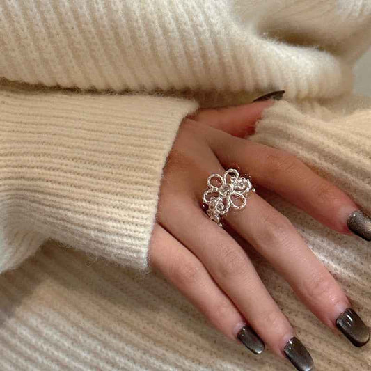 925 Sterling Silver Bloom Petite Flower Zircon Open Adjustable Ring Korean Minimalist