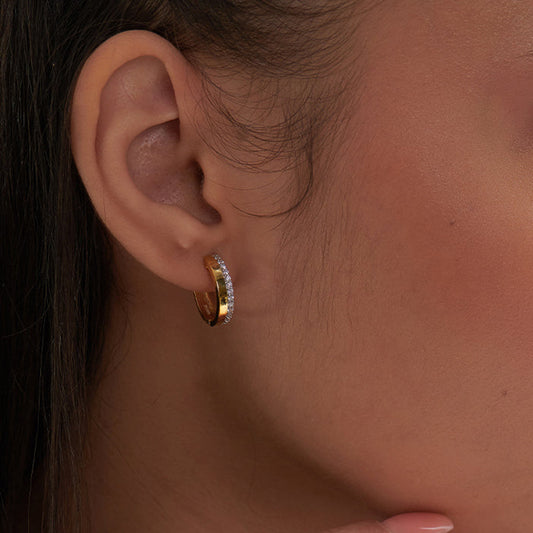 “Luna Arc” S925 Sterling Silver Pavé Geometric Huggie Hoop Earrings