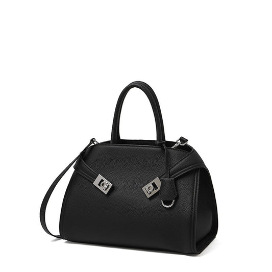 Women's Lychee-Grain Cowhide Double-Buckle Convertible Tote