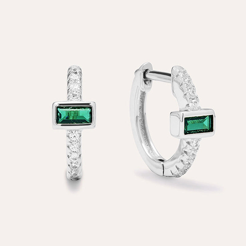 “Emerald Deco” S925 Sterling Silver Green Zircon Huggie Hoop Earrings
