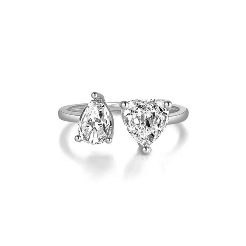 925 Sterling Silver Sparkling Embrace Pear & Heart Zircon Adjustable Ring 18K Gold Platinum Vermeil