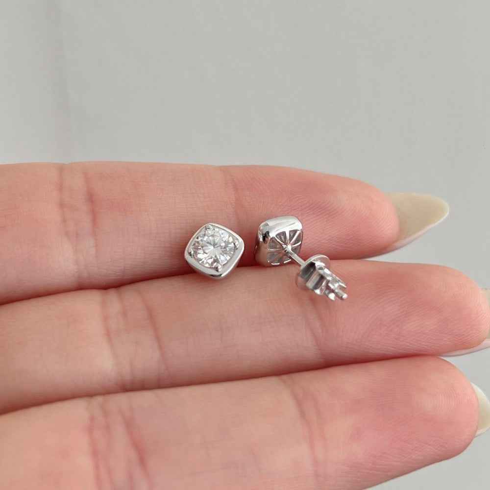 925 Sterling Silver Soft Halo Cushion Bezel Zircon Stud Earrings 5mm