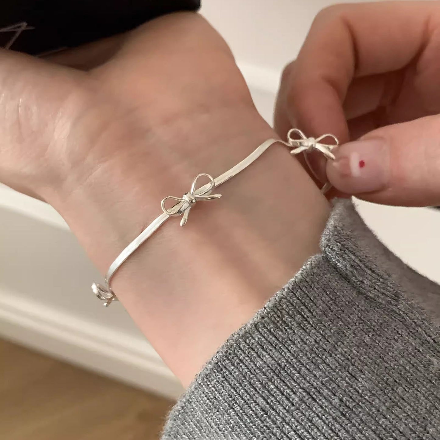 S925 Sterling Silver Three Bow Snake Chain Bracelet Adjustable