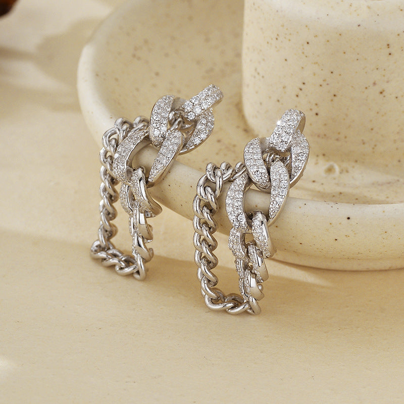 “Chain Eclat” S925 Sterling Silver Zircon Chain Stud Earrings