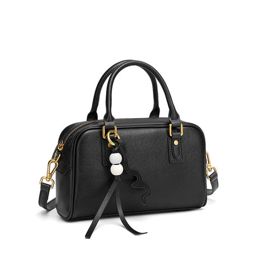Women's Genuine Leather Boston Bag with Wavy Charm