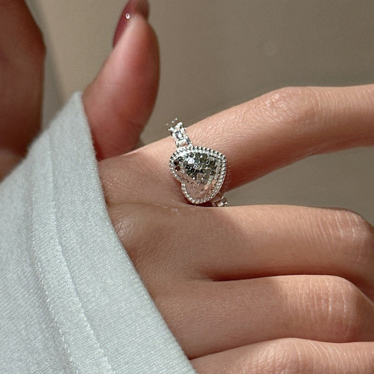 S925 Sterling Silver Icy Heart Ring Heart CZ Adjustable Bow Gold Ring