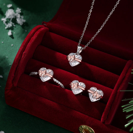 “Heart Bow” S925 Sterling Silver Zircon Necklace, Ring & Stud Earrings Set