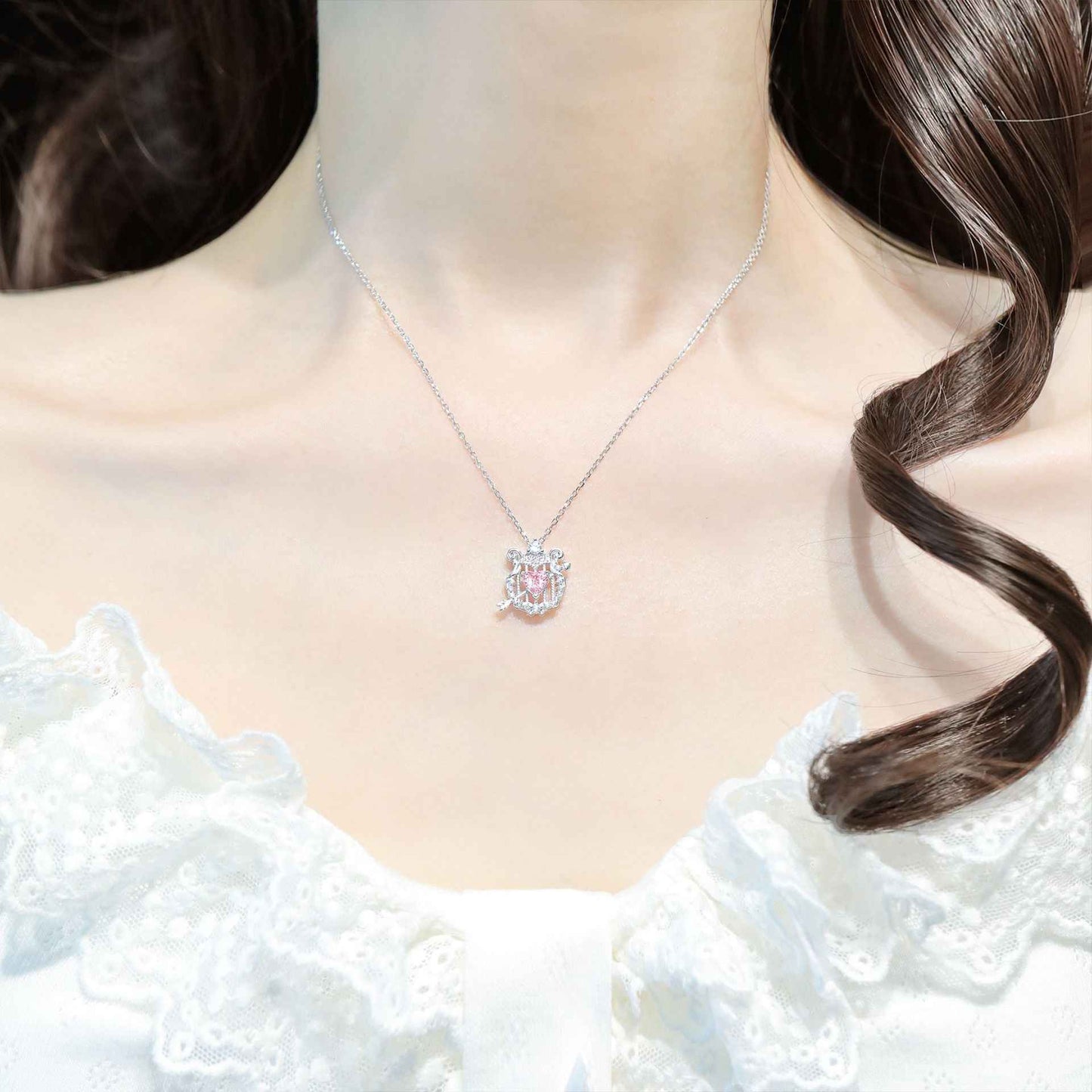 Cupid’s Lyre S925 Sterling Silver Pink Heart Zircon Pendant Necklace