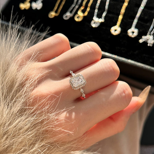 S925 Sterling Silver Frost Cube Ring Ice Flower Square Cut Zircon Ring White Pink