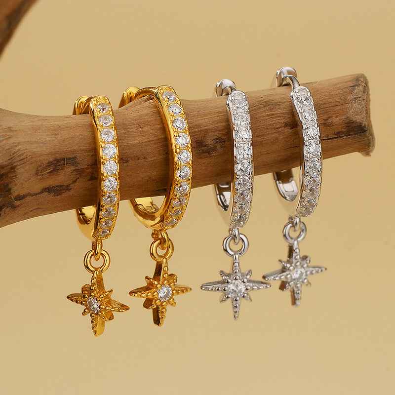 925 Sterling Silver Polar Star Pavé Zircon Hoop Drop Earrings Gold or White Gold