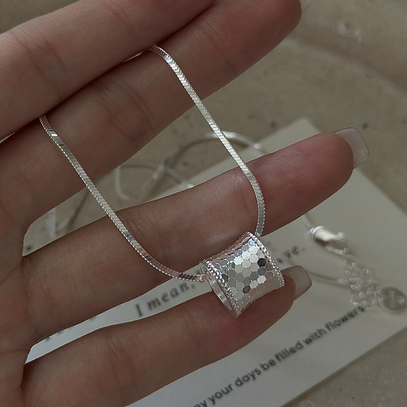 S925 Sterling Silver Silver Gleam Cylinder Necklace Sequin Pendant Snake Chain Minimalist