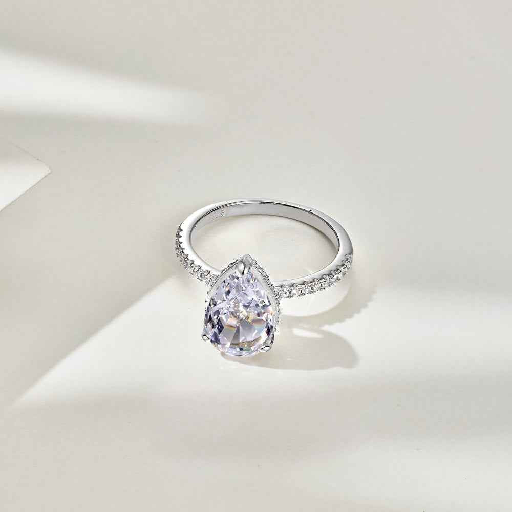 925 Sterling Silver Frosted Tear Ice-Cut Pear Zircon Ring 8x12mm