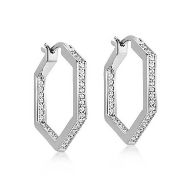“Hexa Glow” S925 Sterling Silver Hexagon Hoop Earrings with Sparkling Accents