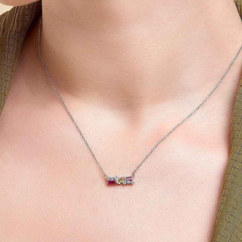 Trilume Bar Multicolor Zircon Horizontal Necklace 925 Sterling Silver