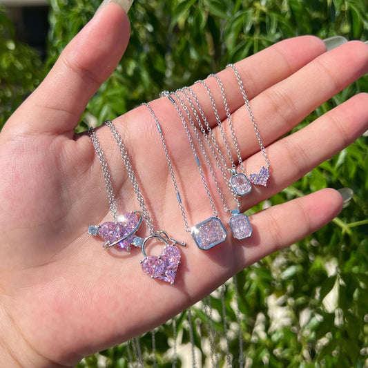 “Rose Prism” S925 Sterling Silver Pink Zircon Heart Necklace