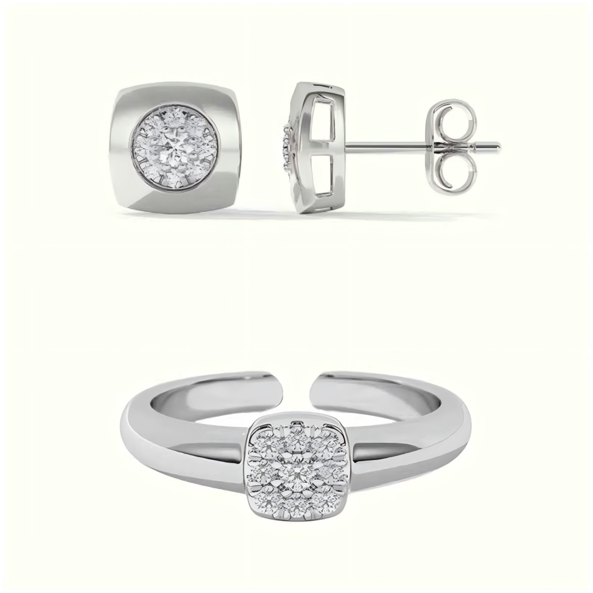 Modern Frame Geometric Square Jewelry Set 925 Sterling Silver Stud Earrings & Adjustable Ring