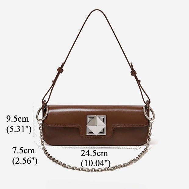 Women's Smooth Cowhide Silver-Buckle Baguette Shoulder Bag