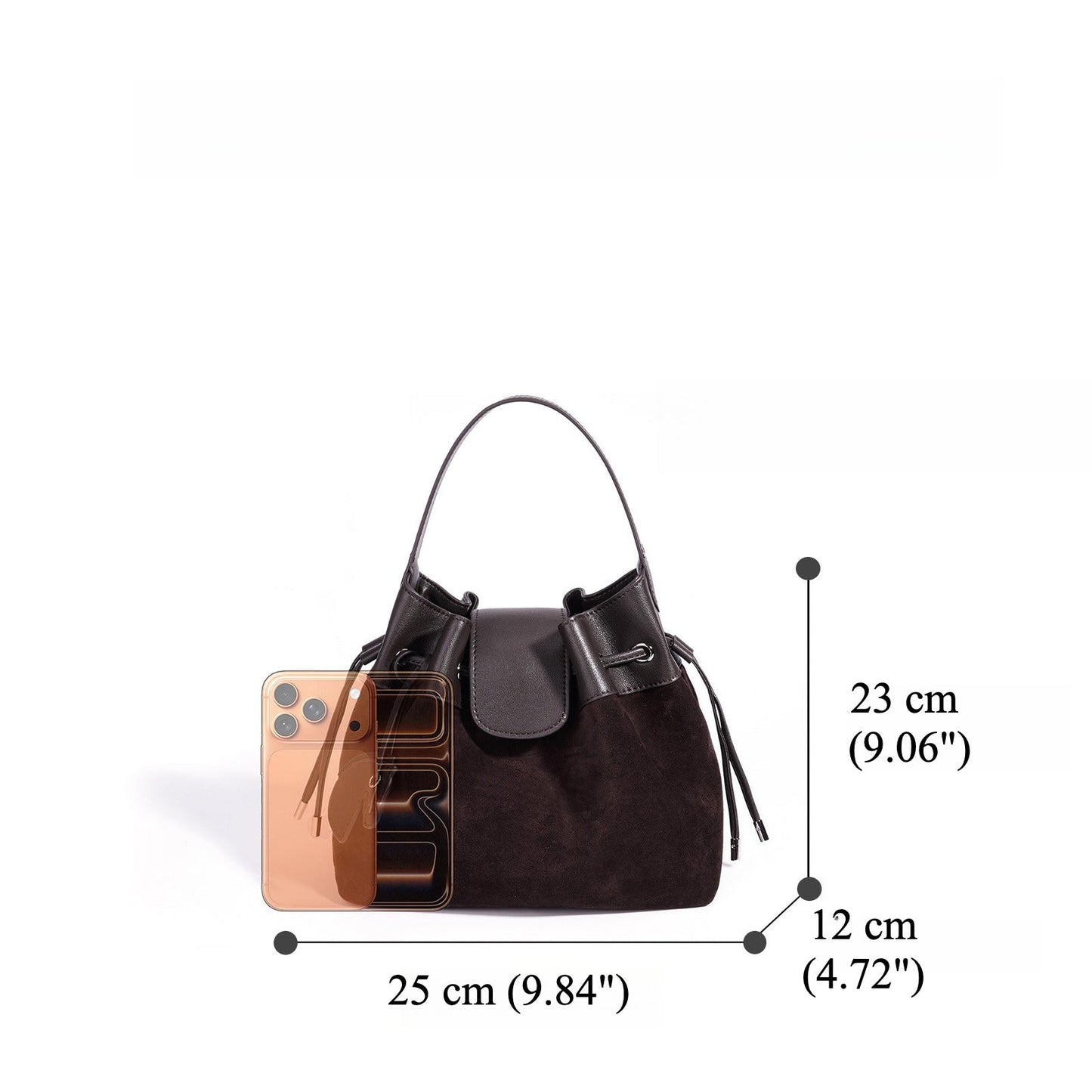 Women's Suede Leather Drawstring Bucket Bag with Horse Charm