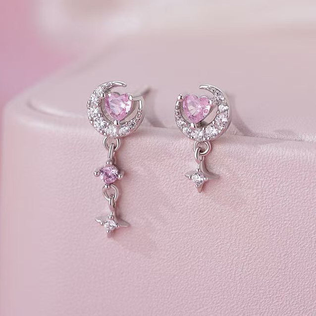 S925 Sterling Silver Heart Moon Star Jewelry Set Necklace Bracelet Earrings
