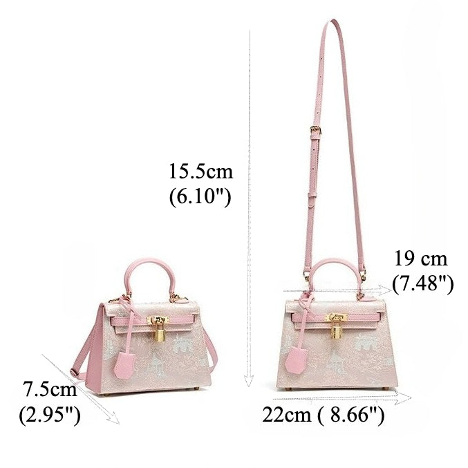 Women's Brocade Genuine Leather Kelly Bag with Padlock Charm
