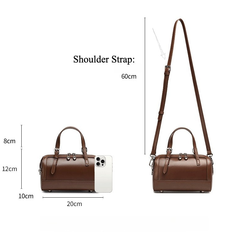 Women's Cowhide Retro Boston Barrel Bag with Adjustable Strap