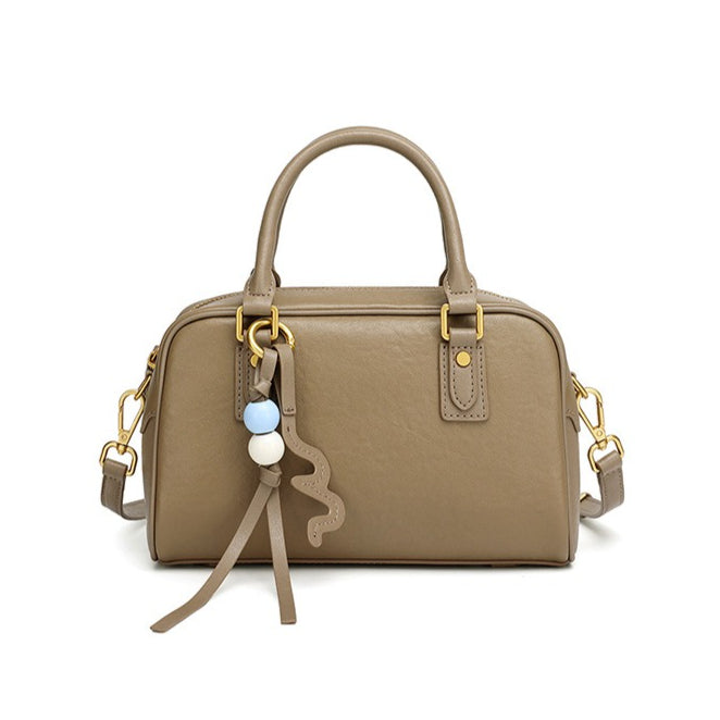 Women's Genuine Leather Boston Bag with Wavy Charm