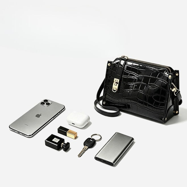 Women's Glossy Croc-Embossed Cowhide Structured Satchel