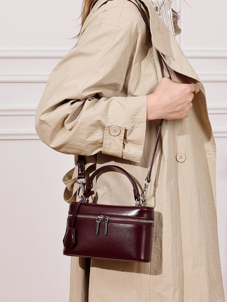 Women's Genuine Leather Square Box Bag with Adjustable Strap