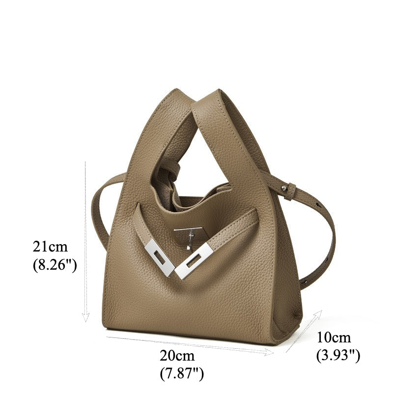 Women's Pebbled Cowhide Twist-Lock Bucket Bag with Inner Pouch