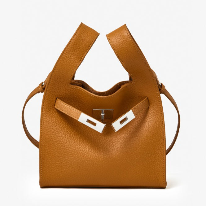 Women's Pebbled Cowhide Twist-Lock Bucket Bag with Inner Pouch