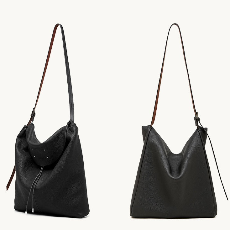Women's Genuine Leather Slouch Tote Bag with Adjustable Strap & Detachable Pouch