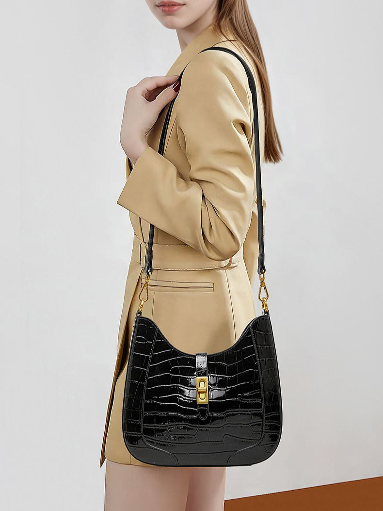 Women's Croc-Embossed Genuine Leather Hobo Bag with Detachable Pouch