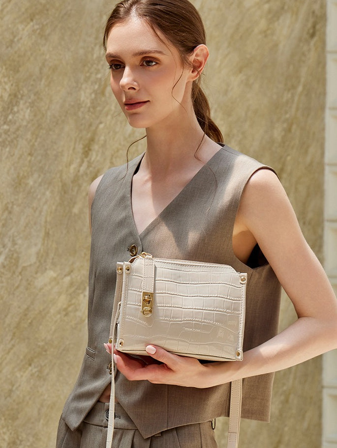Women's Glossy Croc-Embossed Cowhide Structured Satchel