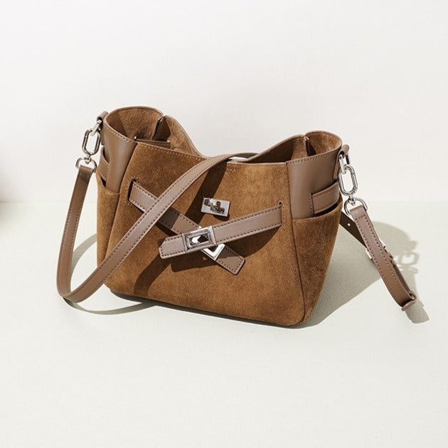Women's Suede Cowhide Bucket Bag with Detachable Strap
