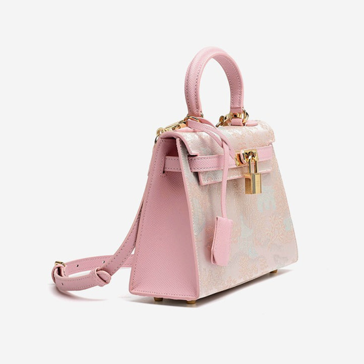 Women's Brocade Genuine Leather Kelly Bag with Padlock Charm