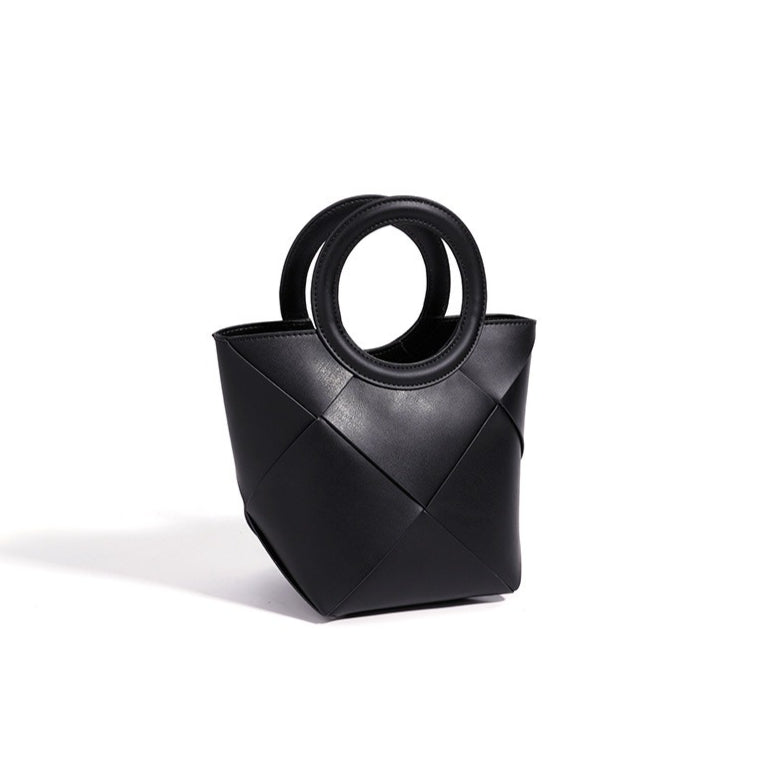 Women's Woven Cowhide Mini Bucket Bag with Adjustable Strap
