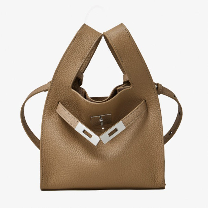 Women's Pebbled Cowhide Twist-Lock Bucket Bag with Inner Pouch