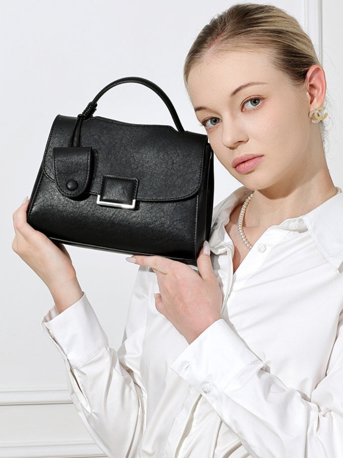 Women's Genuine Leather Square Flap Bag with Magnetic Closure