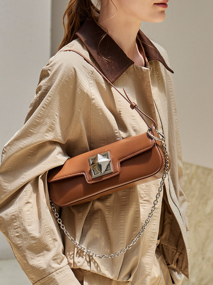 Women's Smooth Cowhide Silver-Buckle Baguette Shoulder Bag