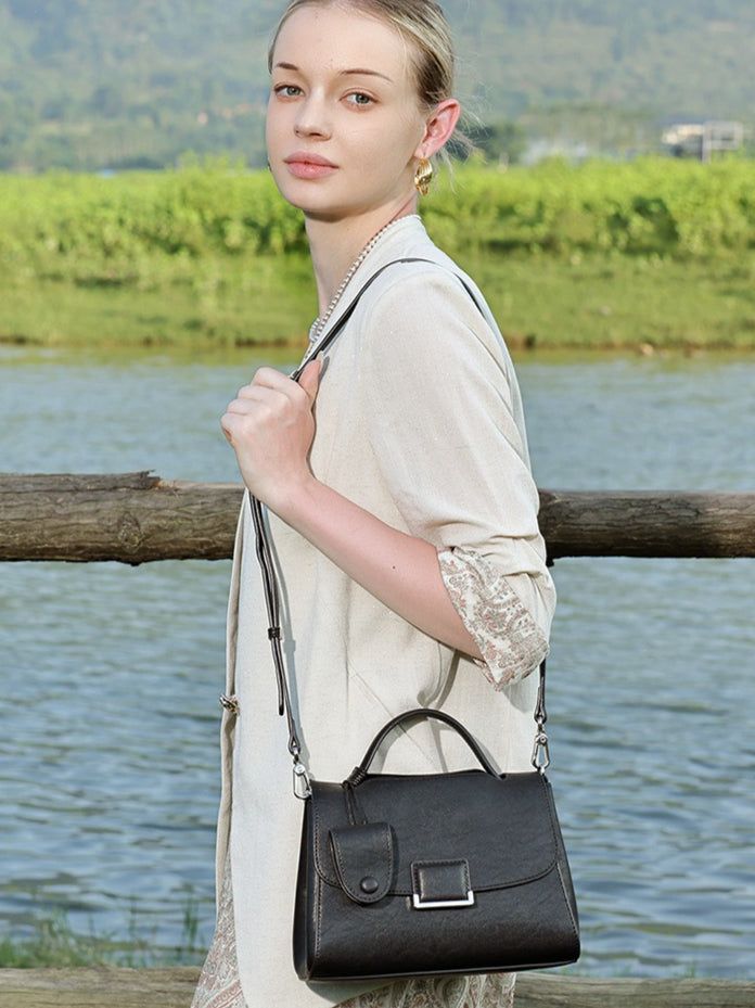 Women's Genuine Leather Square Flap Bag with Magnetic Closure