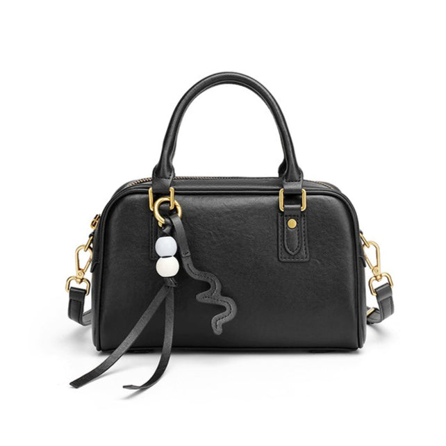 Women's Genuine Leather Boston Bag with Wavy Charm