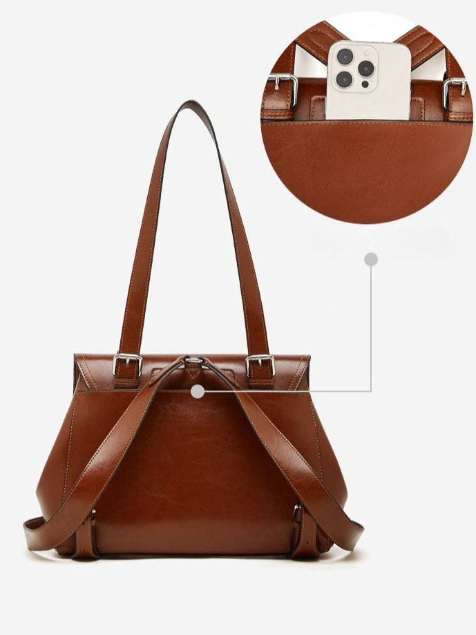Women's Oil-Waxed Cowhide Convertible Flap Backpack