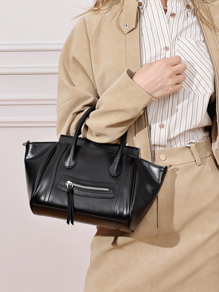 Women's Soft Cowhide Winged Flap Satchel with Adjustable Strap