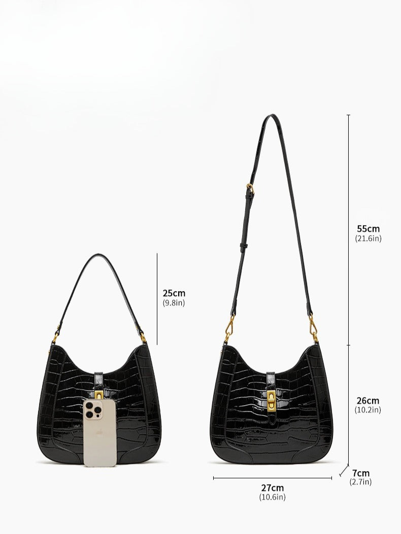 Women's Croc-Embossed Genuine Leather Hobo Bag with Detachable Pouch