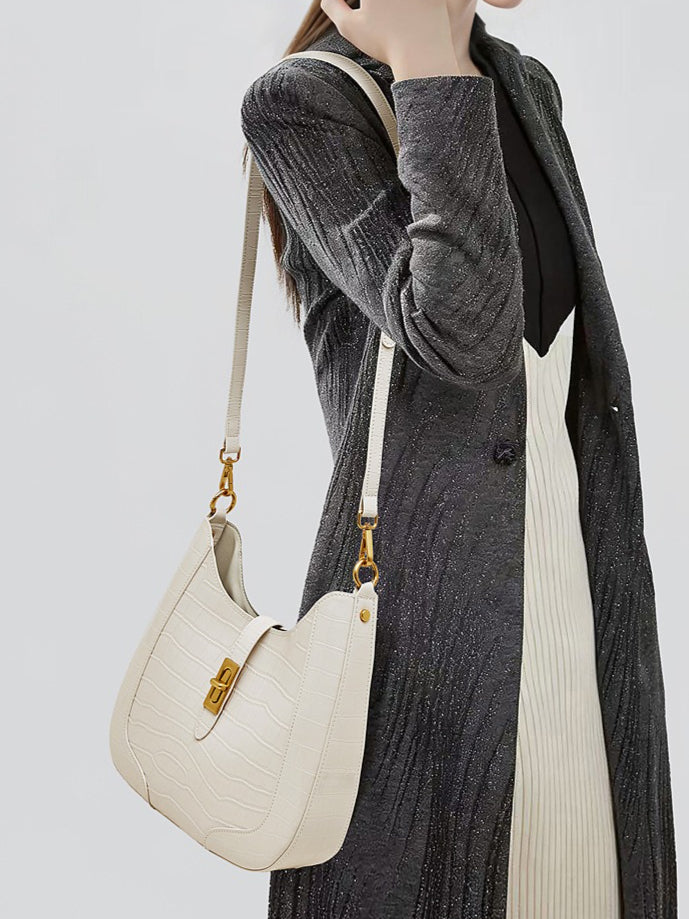 Women's Croc-Embossed Genuine Leather Hobo Bag with Detachable Pouch