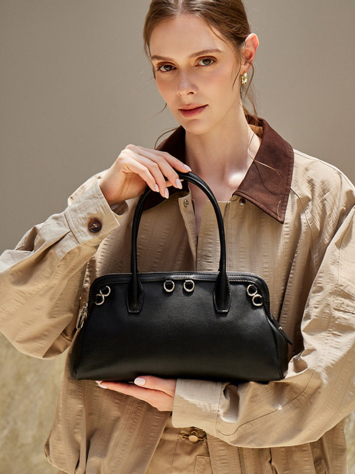 Women's Plain Cowhide Seashell Boston Bag with Double Zipper