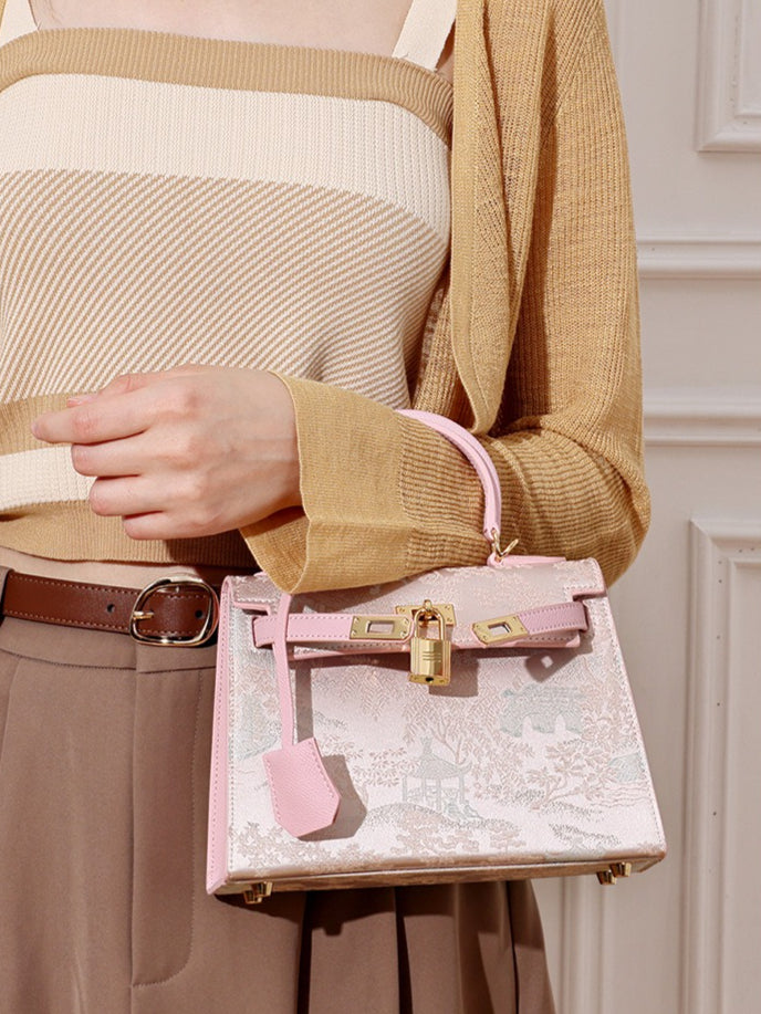 Women's Brocade Genuine Leather Kelly Bag with Padlock Charm