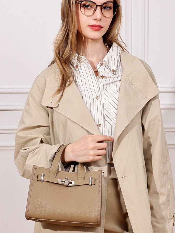 Women's Pebbled Cowhide Kelly Bag with Metal Turn-Lock